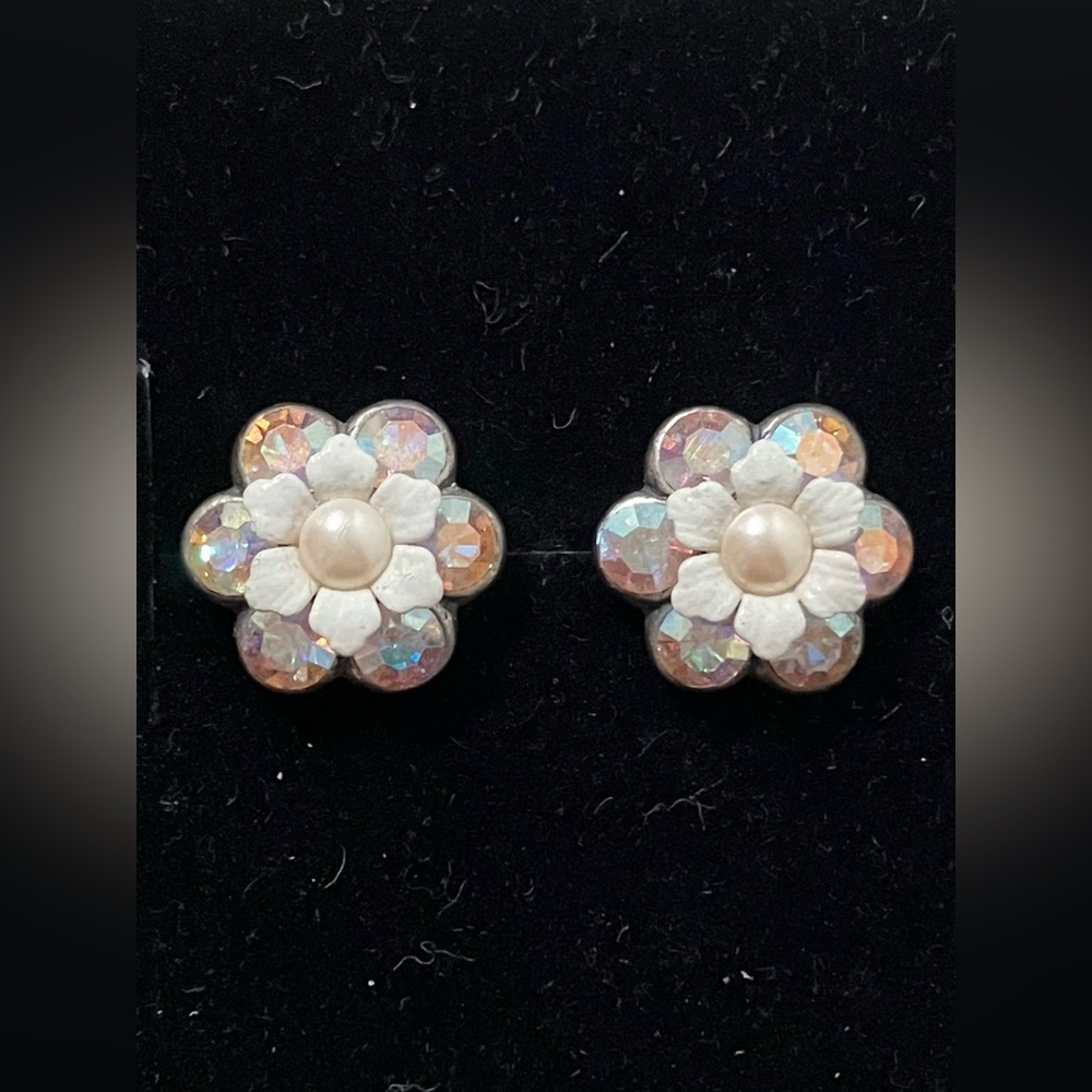 Michal Negrin Designer Crystal AB Floral Stud Earrings